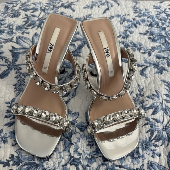 Zara Shoes - Zara Silver Metallic Jeweled Heels